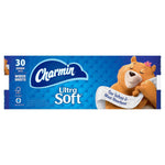 Long horizontal Charmin Ultra Soft bath tissue package art with blue background, Charmin logo and smiling bear mascot