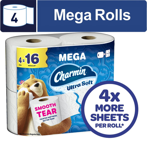 Pack of Charmin Ultra Soft Mega toilet paper with bear mascot and a prominent '4x more sheets' badge on the packaging.