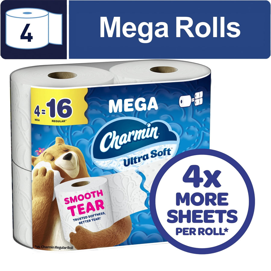 Pack of Charmin Ultra Soft Mega toilet paper with bear mascot and a prominent '4x more sheets' badge on the packaging.