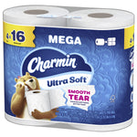 Angled view of Charmin Mega Ultra Soft four-roll pack showing embossed roll design and brand logo