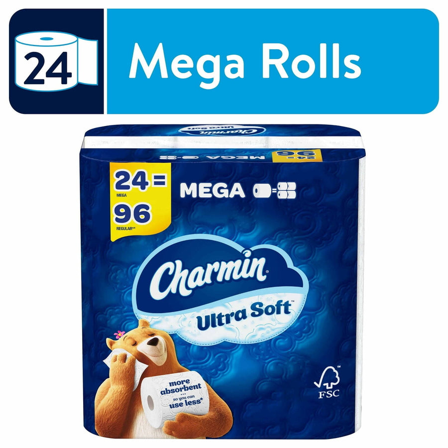 Packaged Charmin Ultra Soft mega roll pack with blue branding and bear mascot on front