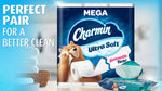 Styled lifestyle shot of Charmin Ultra Soft Mega pack beside folded towels and wipes with 'Perfect pair' text