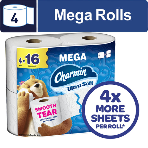 Packaged Charmin Mega Ultra Soft toilet paper with bear mascot and '4x more sheets per roll' badge