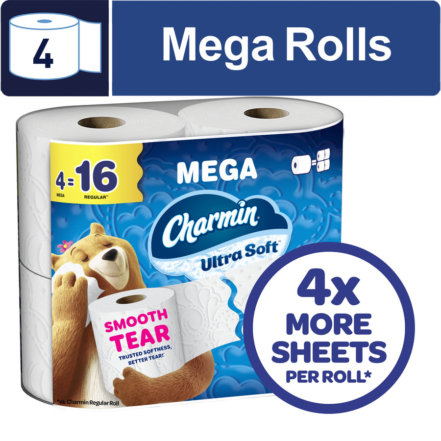 Packaged Charmin Mega Ultra Soft toilet paper with bear mascot and '4x more sheets per roll' badge