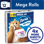 Packaged Charmin Ultra Soft mega rolls with bear mascot and '4x more sheets per roll' callout on white background.