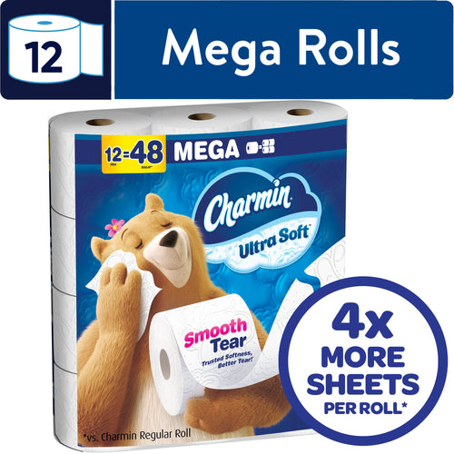 Packaged Charmin Ultra Soft mega rolls with bear mascot and '4x more sheets per roll' callout on white background.