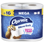 Close-up of Charmin Mega Ultra Soft toilet paper package showing brand logo, bear mascot and roll tops