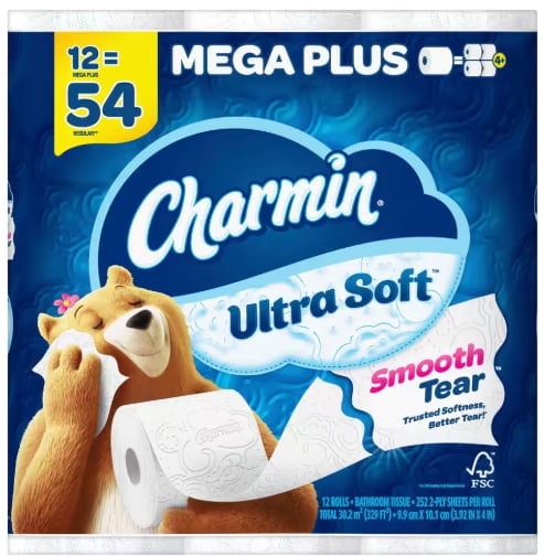 Packaged Charmin Ultra Soft Mega Plus toilet paper with bear mascot and smooth tear branding on blue packaging.