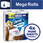 Packaged Charmin Ultra Soft mega roll pack with bear mascot and ‘4x more sheets’ callout