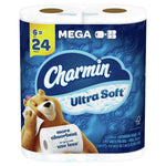 Packaged Charmin Ultra Soft toilet paper mega rolls with blue branding and bear mascot on front.