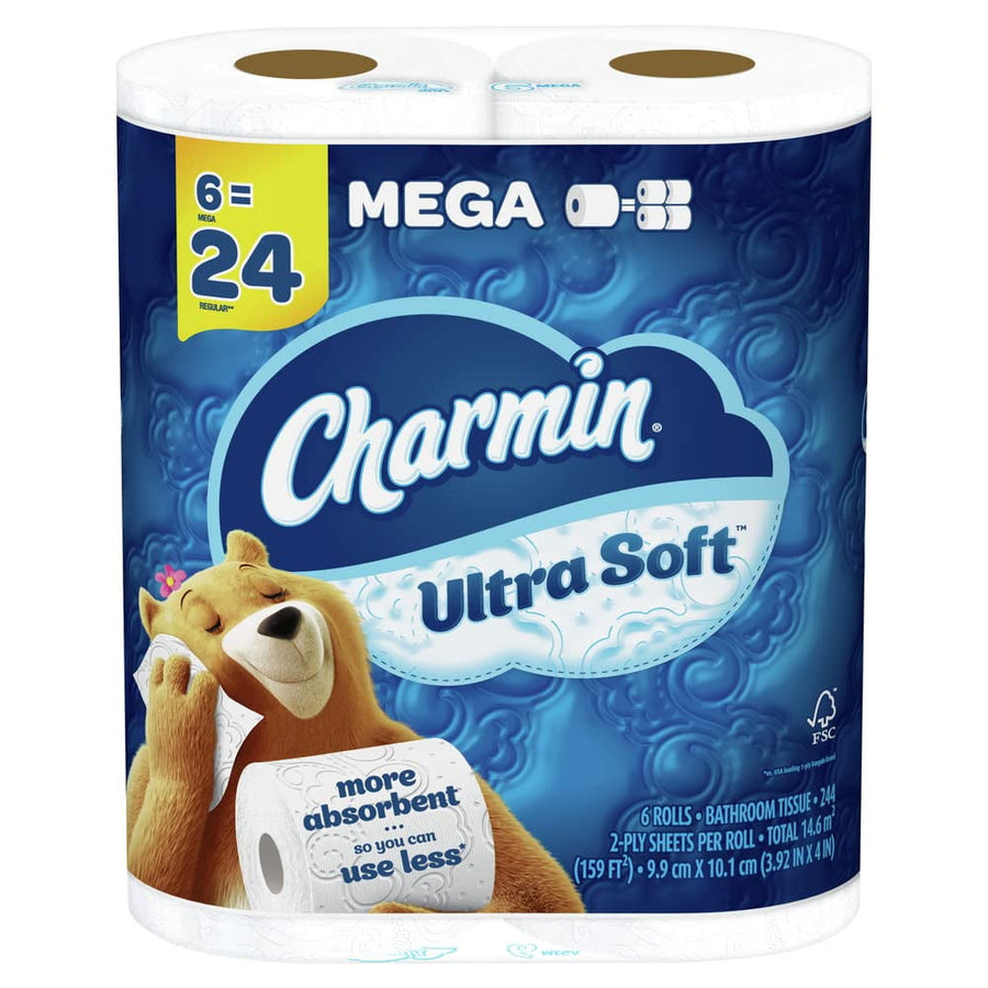 Packaged Charmin Ultra Soft toilet paper mega rolls with blue branding and bear mascot on front.
