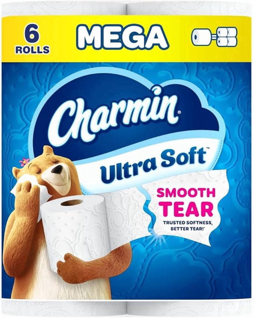 Front of Charmin Ultra Soft toilet paper pack with bear mascot, Charmin logo and “Smooth Tear” callout
