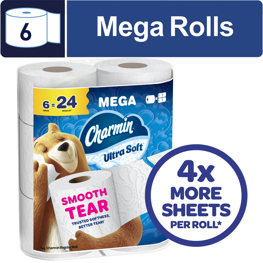 Packaged Charmin Ultra Soft mega rolls with bear mascot and callout for 4x more sheets per roll on white background