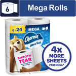 Packaged Charmin Ultra Soft mega rolls with bear mascot, package label and callout reading “4x more sheets per roll.”