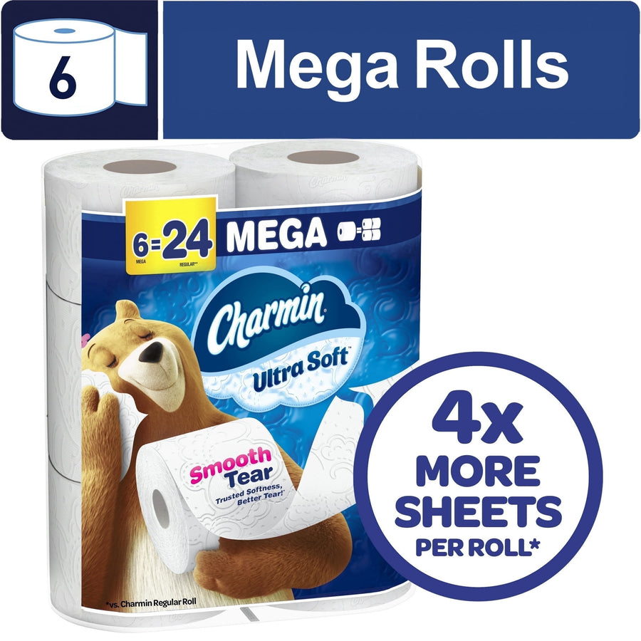 Charmin Ultra Soft toilet paper packaging with bear mascot, six-mega-roll label and 4x more sheets badge.