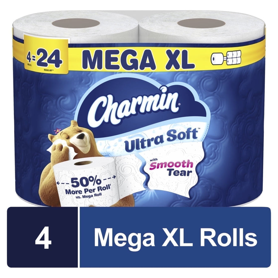 Packaged Charmin Ultra Soft Mega XL toilet paper showing two visible rolls, brand logo and packaging graphics