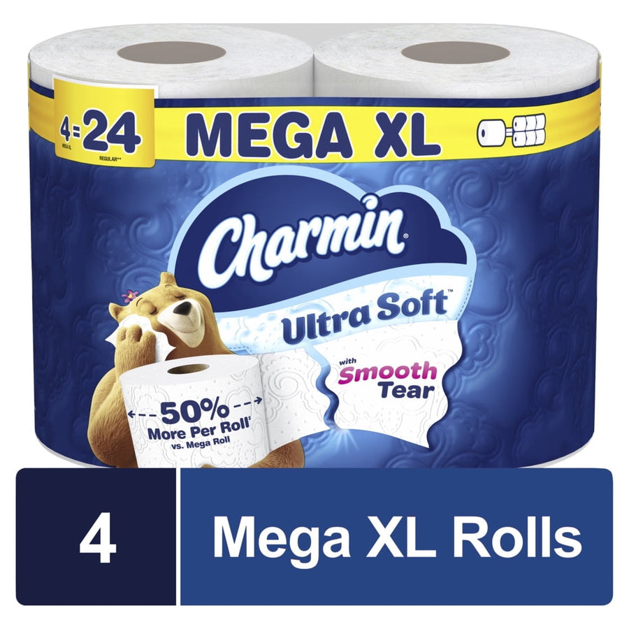 Blue-packaged Charmin Ultra Soft Mega XL toilet paper pack showing brand logo, bear mascot and 'Mega XL' banner