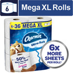 Packaged Charmin Ultra Soft Mega XL toilet paper pack with branding, bear mascot and callout '6x more sheets'
