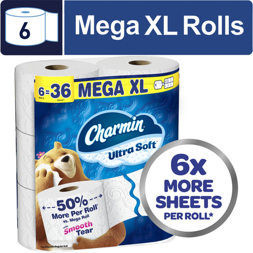 Packaged Charmin Ultra Soft Mega XL toilet paper pack with branding, bear mascot and callout '6x more sheets'
