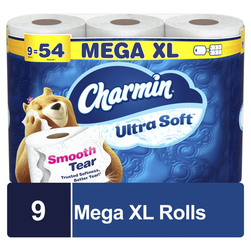 Packaged Charmin Ultra Soft Mega XL toilet paper pack showing brand logo, bear mascot and visible rolls at top.