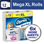 Packaged Charmin Ultra Soft Mega XL toilet paper pack with visible rolls and a 6x more sheets badge