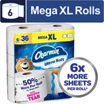 Packaged Charmin Ultra Soft toilet paper mega XL pack showing branding, bear mascot and promotional 6x more sheets badge.