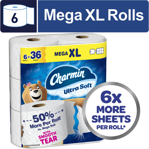 Packaged Charmin Ultra Soft toilet paper mega XL pack showing branding, bear mascot and promotional 6x more sheets badge.
