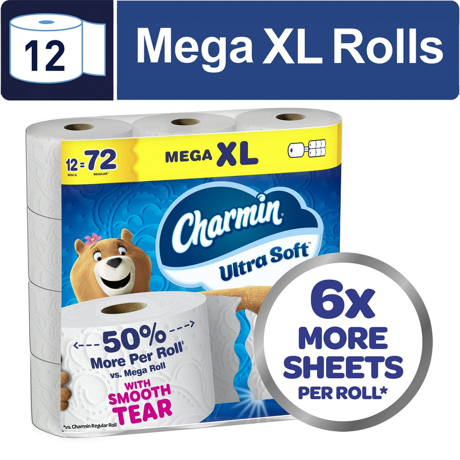 Packaged Charmin Ultra Soft Mega XL toilet paper with bear mascot and callouts for 6x more sheets and 50% more per roll