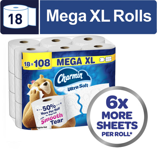 Packaged Charmin Ultra Soft Mega XL roll pack showing bear mascot and 6x more sheets per roll badge