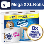 Packaged Charmin Ultra Soft Mega XXL rolls with brand bear and callout for 8x more sheets on blue background