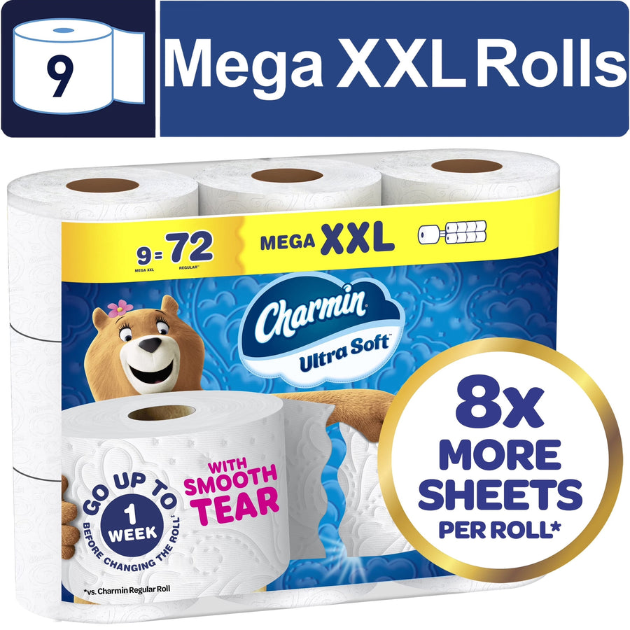 Packaged Charmin Ultra Soft Mega XXL rolls with brand bear and callout for 8x more sheets on blue background