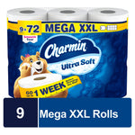Packaged Charmin Ultra Soft Mega XXL toilet paper pack with mascot and megaxxl label