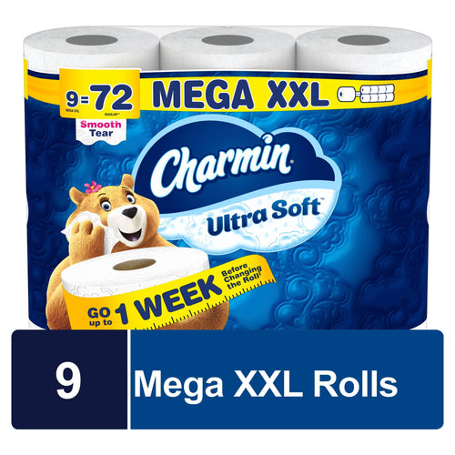 Packaged Charmin Ultra Soft Mega XXL toilet paper pack with mascot and megaxxl label