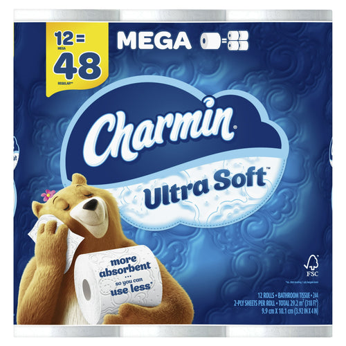 Front-facing Charmin Ultra Soft packaging with bear mascot and 'Mega 12 = 48' callout on blue background