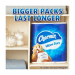 Charmin Ultra Soft multi-roll pack placed inside a linen shelf with 'Bigger Packs Last Longer' headline