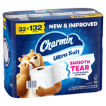 Packaged Charmin Ultra Soft toilet paper pack with bear mascot and 'Smooth Tear' callout on blue background.
