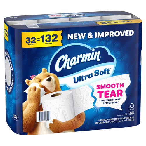 Packaged Charmin Ultra Soft toilet paper pack with bear mascot and 'Smooth Tear' callout on blue background.