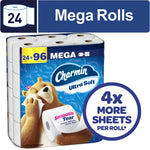 Pack of Charmin Ultra Soft toilet paper with smiling bear mascot and large '4x more sheets per roll' badge