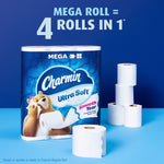 Charmin Ultra Soft pack with individual toilet rolls displayed and text 'Mega roll = 4 rolls in 1' on a blue studio background.