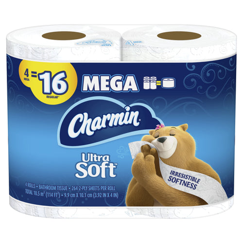 Packaged Charmin Ultra Soft toilet paper with blue branding and a bear mascot hugging a mega roll on front of package.