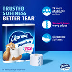 Charmin Ultra Soft package and loose roll with icons highlighting softness, smooth tear and absorbency on blue backdrop