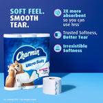 Charmin Ultra Soft package and a loose roll with text callouts about softness and absorbency on a blue background
