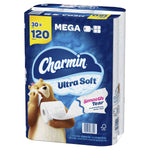 Angled front view of Charmin Ultra Soft packaging showing bear mascot, 'Mega 30 = 120' callout and product branding on blue wrap.