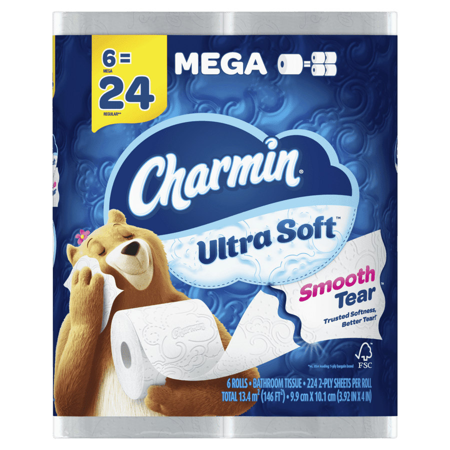 Charmin Ultra Soft toilet paper pack with bear mascot and embossed roll graphic on blue 'Mega 6=24' packaging