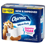 Charmin Ultra Soft retail package showing brand logo, bear character and 'Smooth Tear' label on blue wrapper.