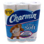 Charmin Ultra Soft toilet paper pack with prominent blue logo and bear mascot on sealed clear wrapper