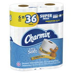 Angled product shot of Charmin Ultra Soft Super Mega pack with visible logo, measuring tape graphic and branding