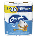 Close frontal image of Charmin Ultra Soft Super Mega pack showing brand logo, 6=36 callout and packaging details