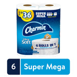Packaged Charmin Ultra Soft toilet paper with blue branding showing '6 rolls in 1' and Super Mega callout
