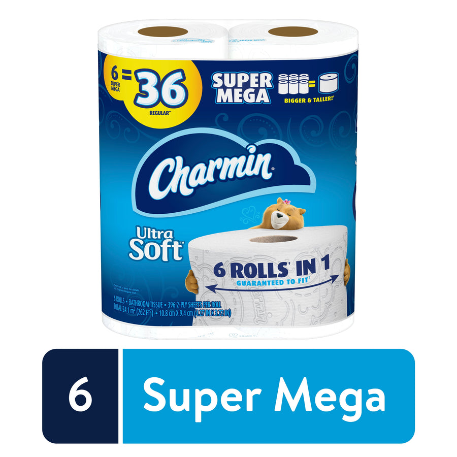 Packaged Charmin Ultra Soft toilet paper with blue branding showing '6 rolls in 1' and Super Mega callout